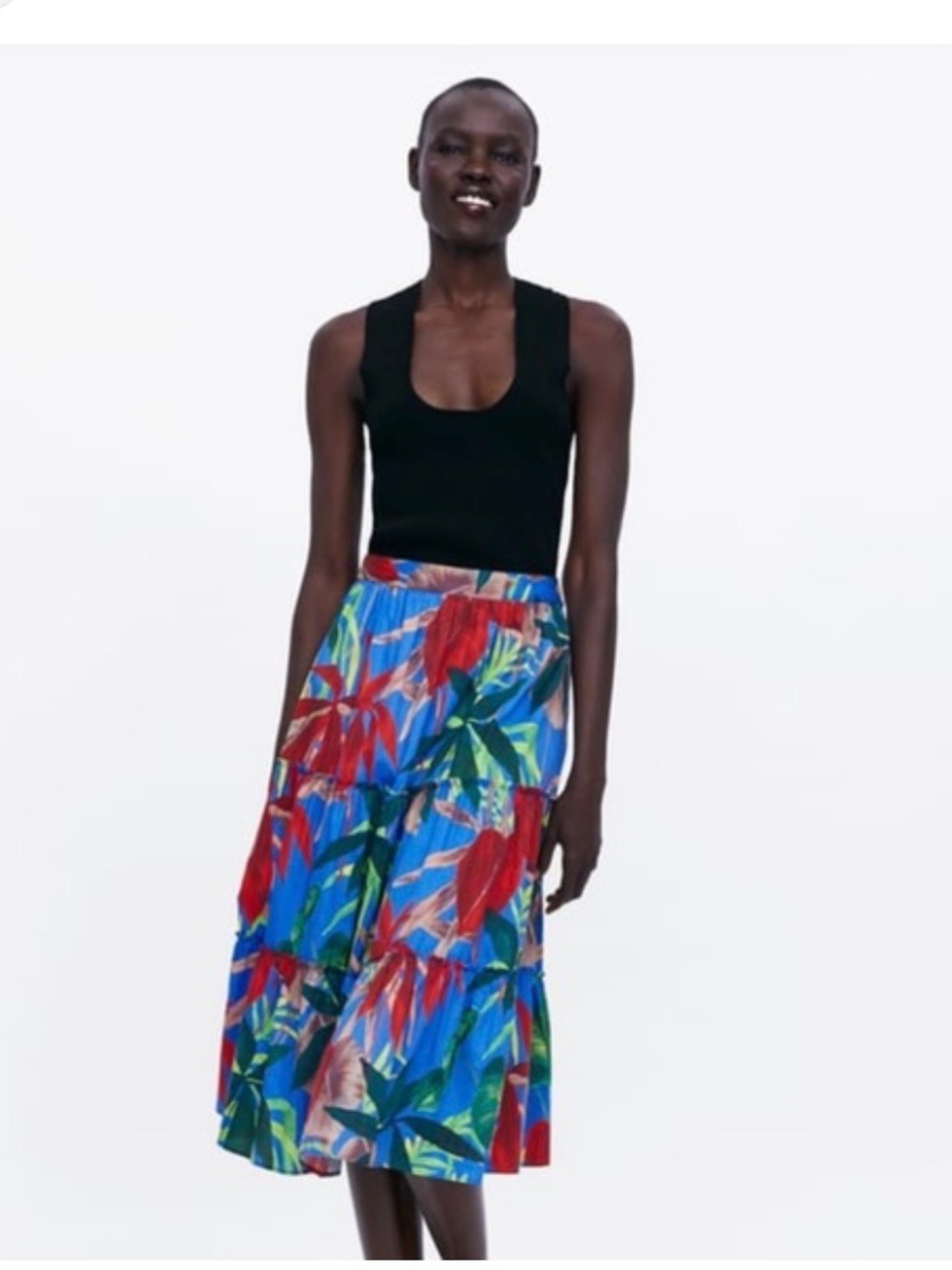 Zara Blue Tiered Maxi Skirt with Red & Green Tropical Print XS